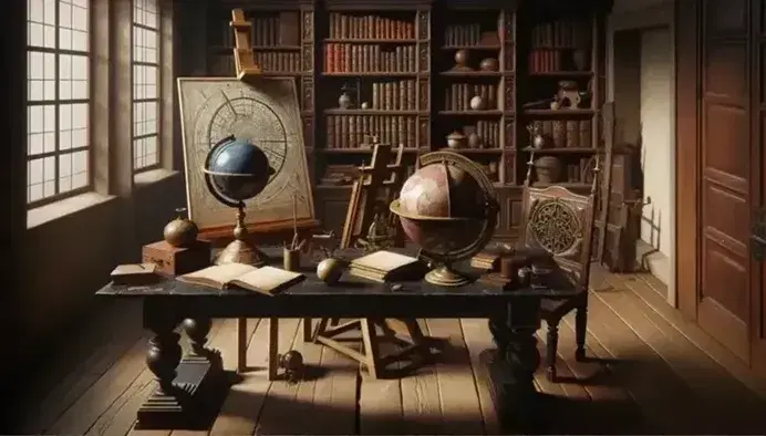 Estudio renacentista con mesa de madera oscura, globo terráqueo, astrolabe, libros encuadernados en cuero, silla tallada y caballete con pintura inacabada.