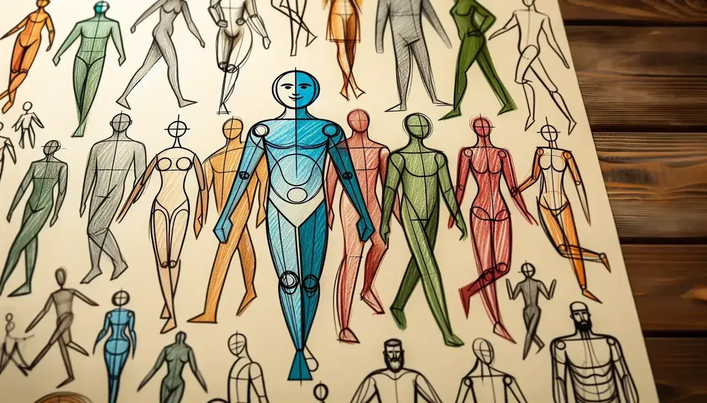 Disegni colorati di figure umane stilizzate su carta, con una figura in primo piano vestita di blu e giallo e altre figure variopinte sullo sfondo.