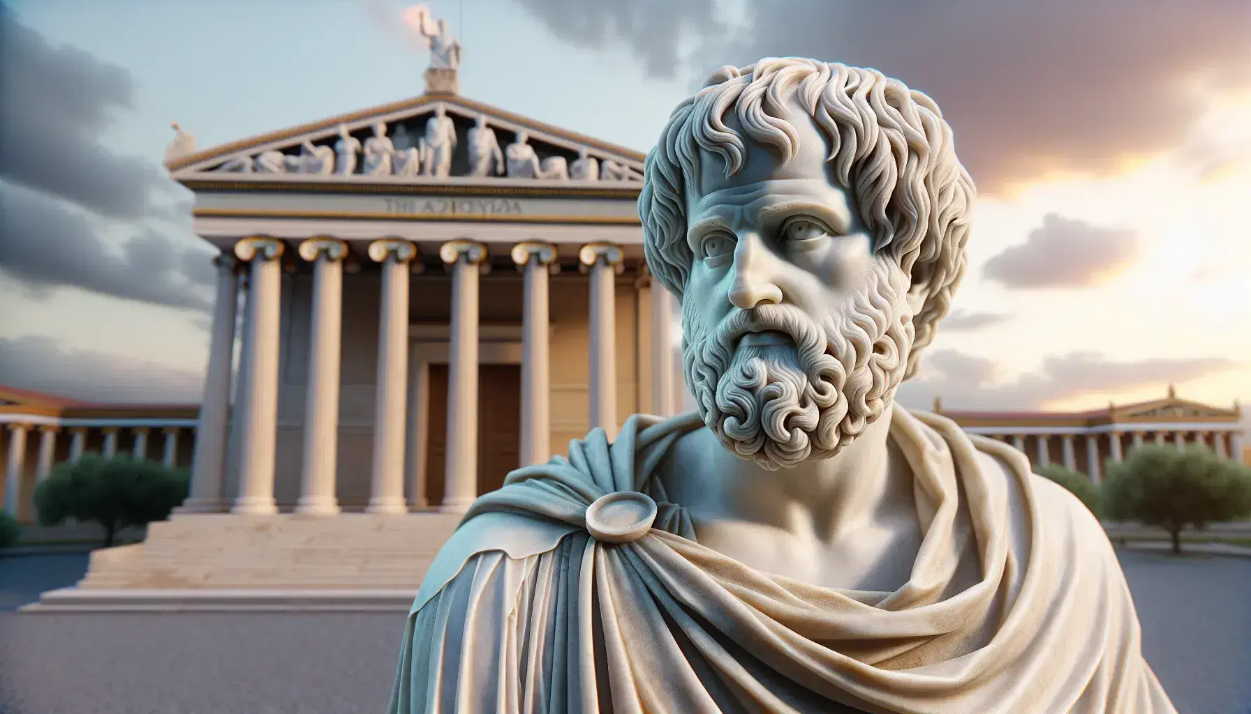 Estatua de mármol de Aristóteles con toga y gesto pensativo ante la réplica de la Academia de Atenas bajo un cielo de amanecer.