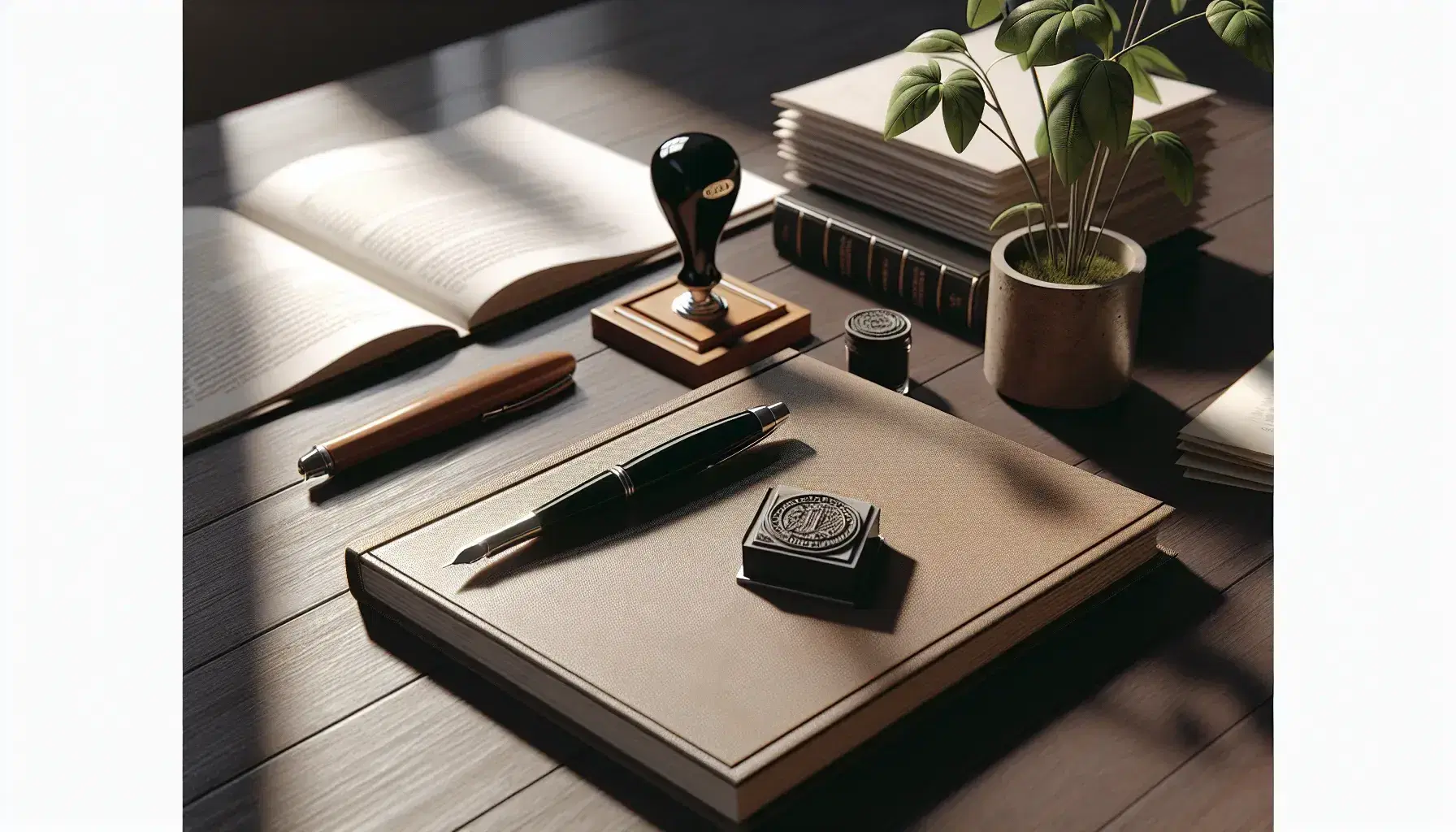 Escritorio de madera oscura con libro abierto, sello de goma, tampón de tinta negra, documentos apilados y pluma fuente, planta de interior desenfocada al fondo.
