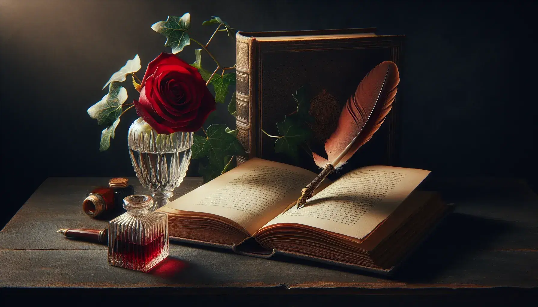 Vintage still life with aged book, quill pen and brass inkwell, crystal glass with red rose, and background ivy on a dark wooden table.