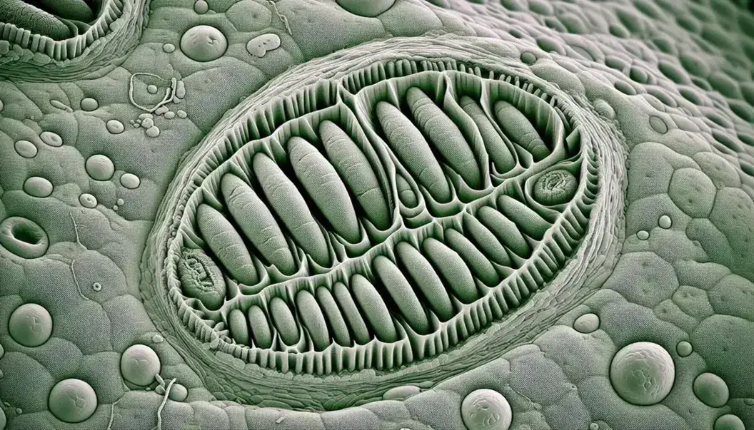 Micrografía electrónica de alta resolución mostrando cloroplastos en célula vegetal con membranas externas lisas y tilacoides internos apilados.