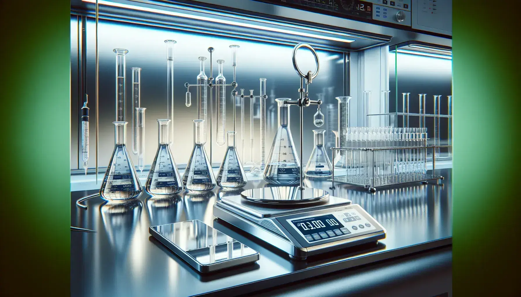 Scientific laboratory with digital analytical balance, volumetric glass flasks, graduated cylinders, precision pipettes and digital pH meter.