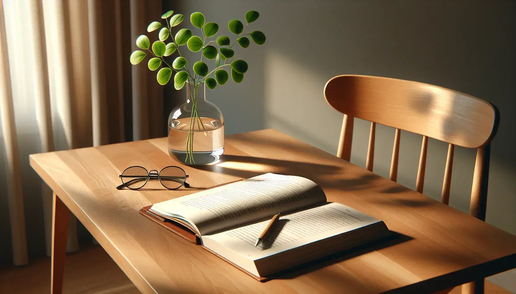 Cozy study with wooden desk, open book, glasses, beaker and green plant, overlooking peaceful garden.