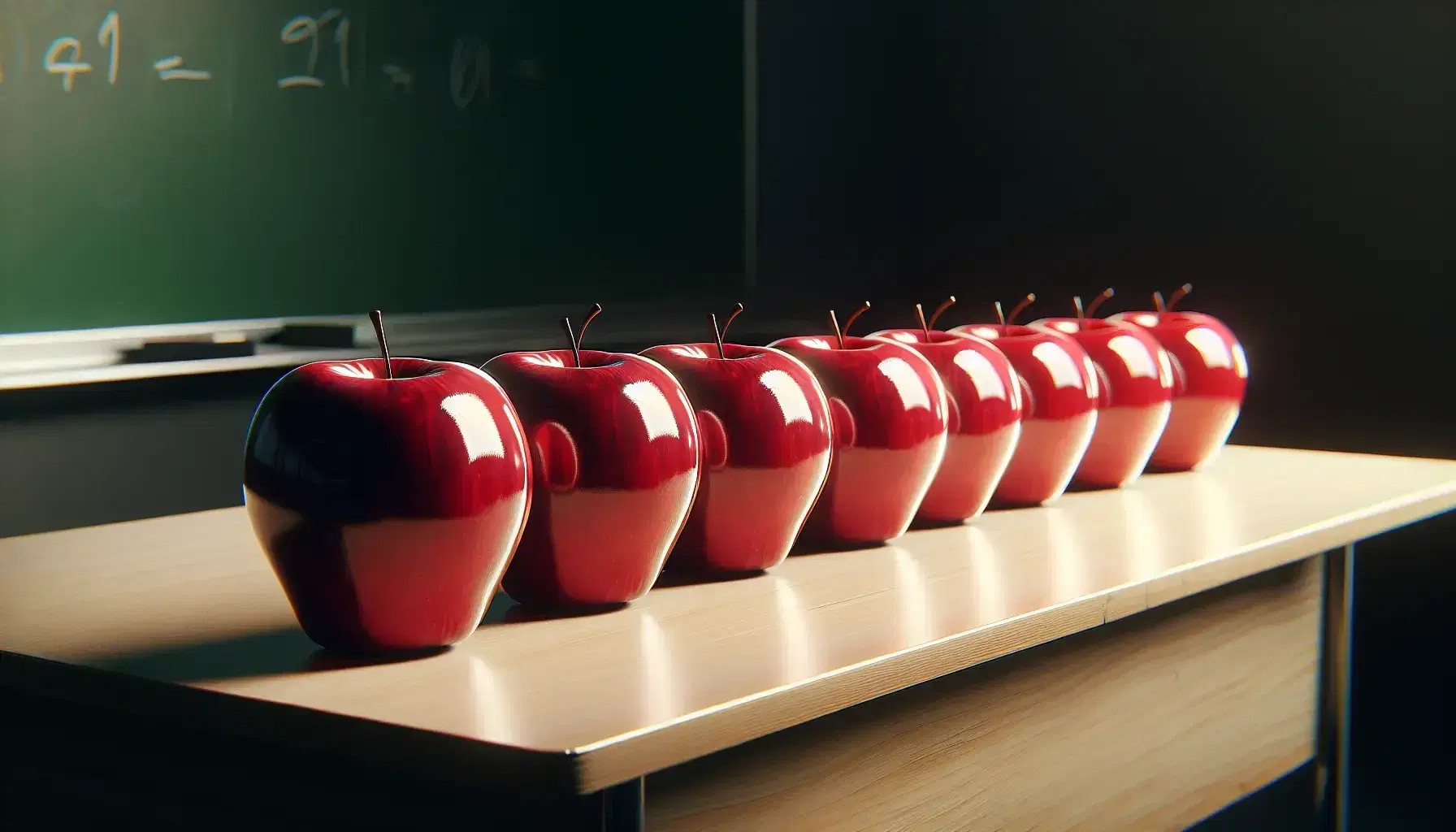 Cinque mele rosse lucide allineate su banco scolastico in legno chiaro con lavagna sfocata sullo sfondo, illuminazione laterale.