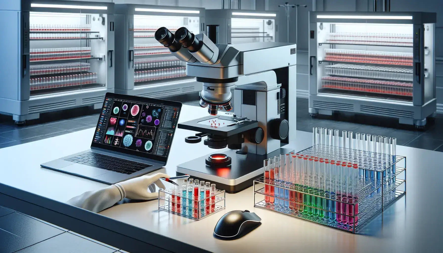 Laboratorio di ricerca genetica con microscopio elettronico, provette colorate, incubatrici cellulari e laptop con grafici.