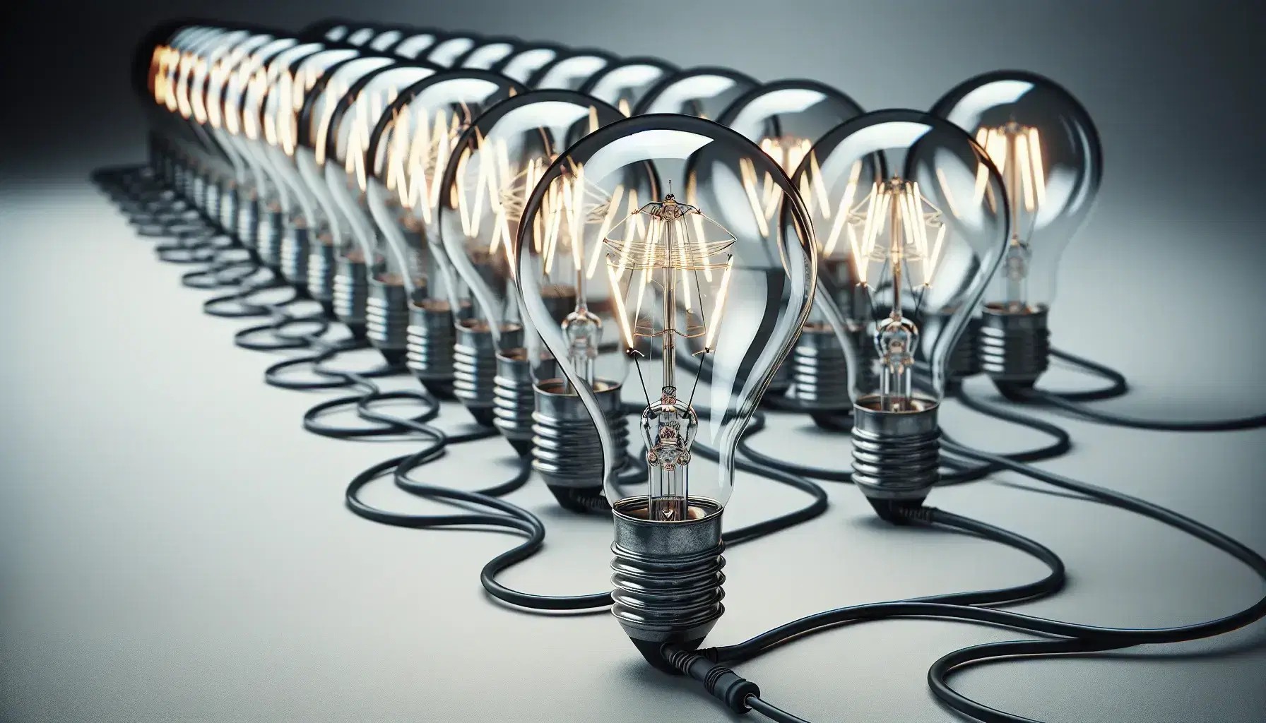 Fila di lampadine a filamento spente collegate in serie su sfondo neutro, con fili elettrici neri e dettagli metallici visibili.