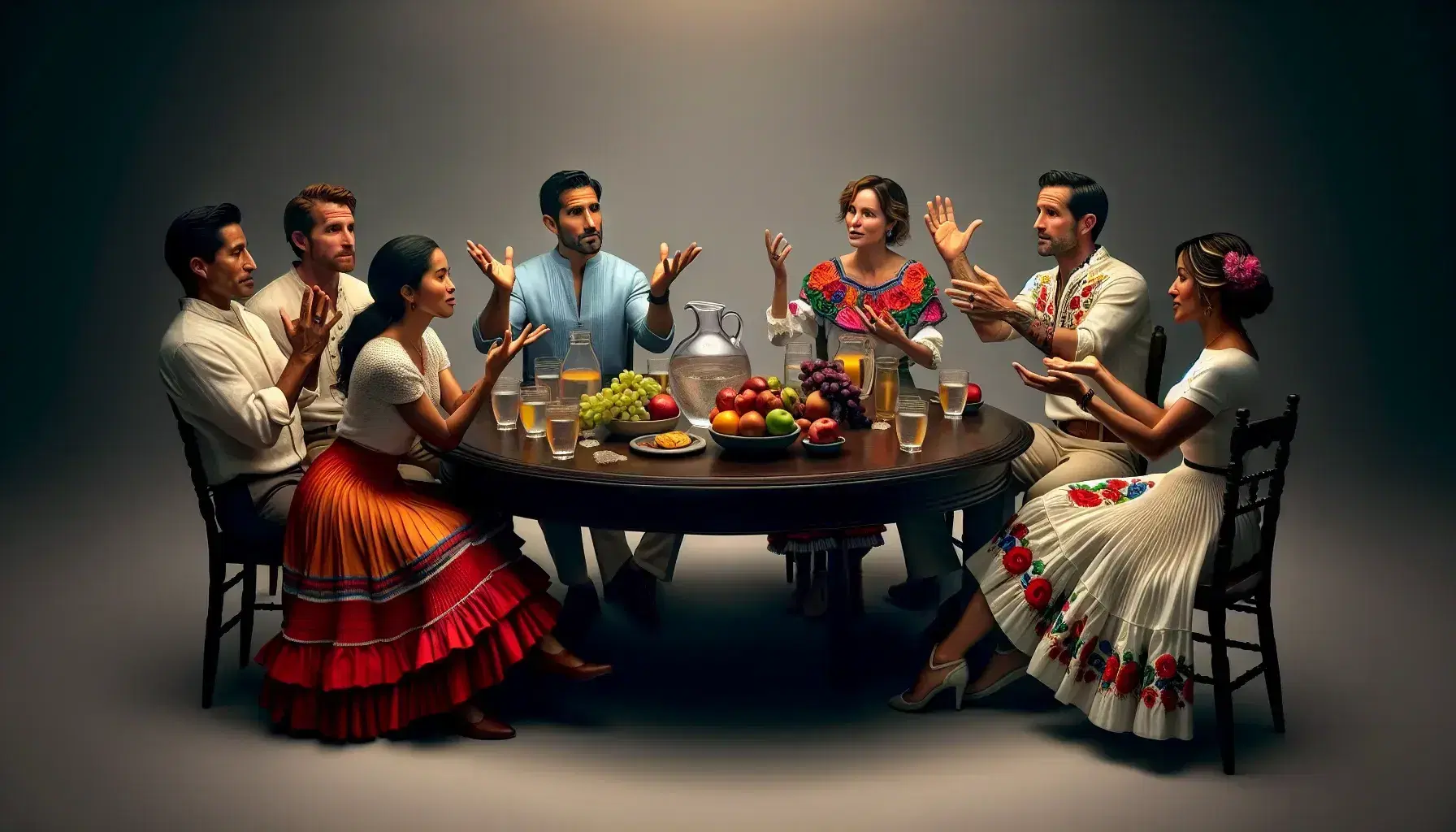 Diverse group of six people in cultural attire engaged in discussion around a wooden table with fruit and water pitcher.