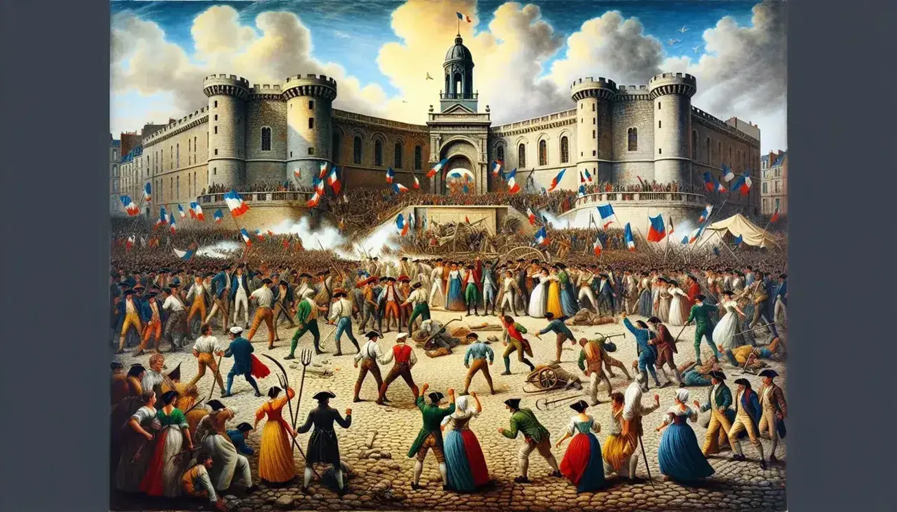 Assalto alla Bastiglia durante la Rivoluzione Francese, folla in abiti d'epoca con attrezzi agricoli, fortezza danneggiata in sfondo.