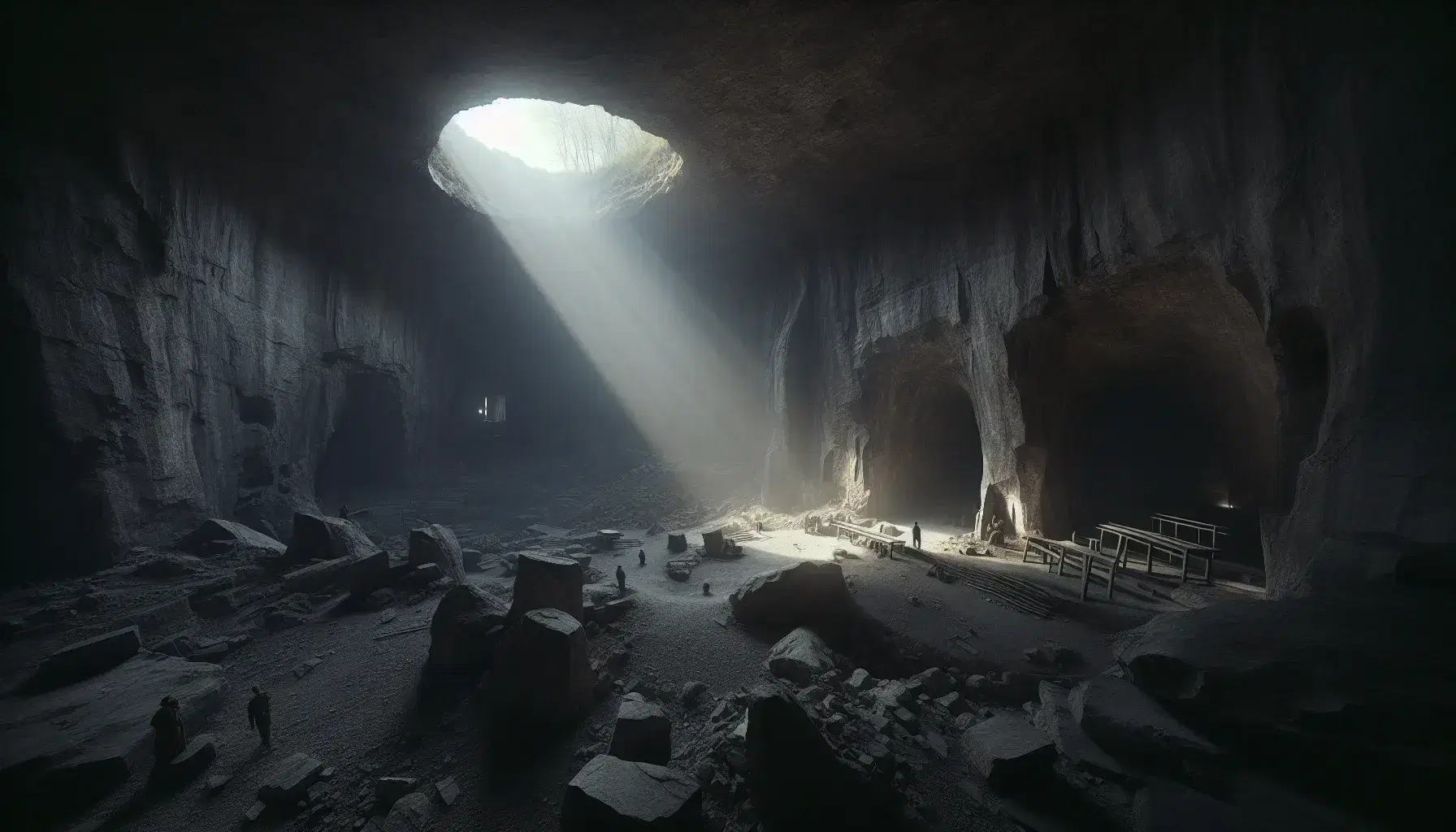 Grotta semi-buia con pareti rocciose e apertura ovale in alto da cui filtra luce naturale, figure umane osservano ombre su parete.