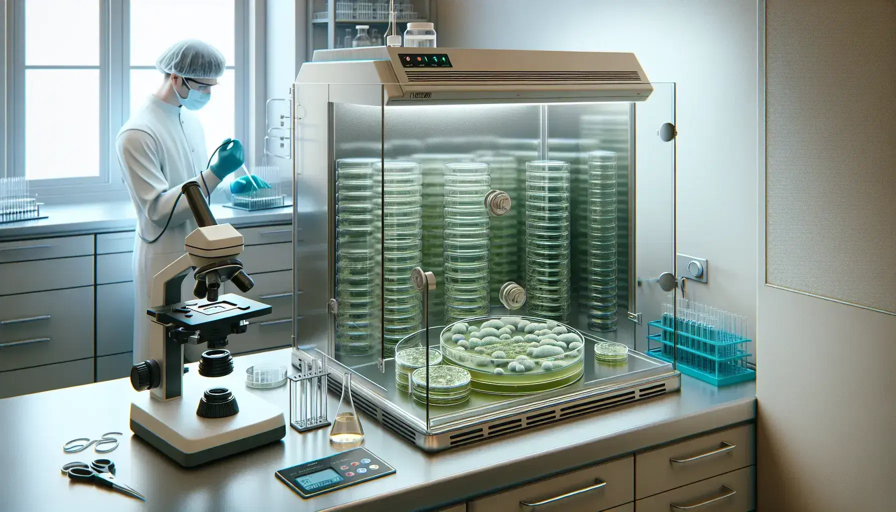 Scientist in lab coat using pipette near biosafety cabinet with petri dish of bacterial colonies, beside microscope, centrifuge, and scale.