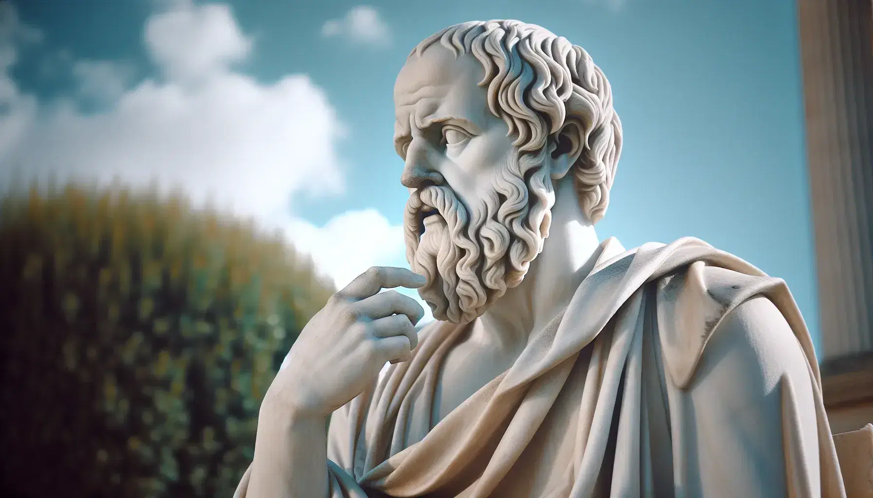 Estatua de mármol blanco de filósofo griego antiguo, posiblemente Sócrates o Platón, con barba detallada y túnica, bajo cielo azul con árbol al fondo.