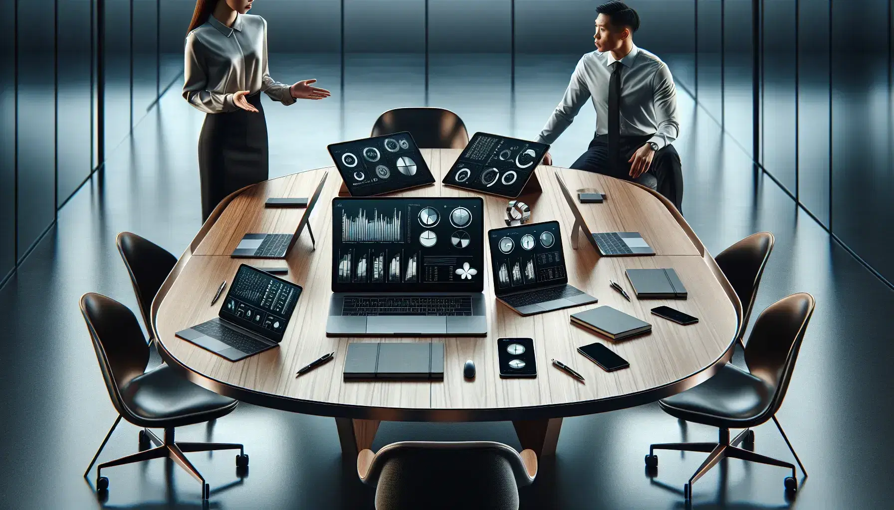 Modern office setting with two professionals analyzing performance, equipped with laptops, tablet, smartphone, and notepad on a wooden table, by a window with city views.