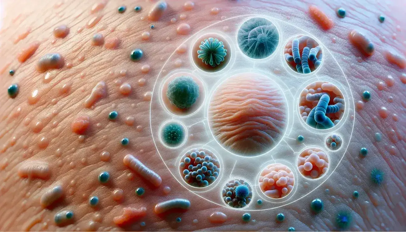 Close-up view of smooth, well-hydrated human skin with inset circles magnifying diverse skin microbiome organisms in various shapes and colors.