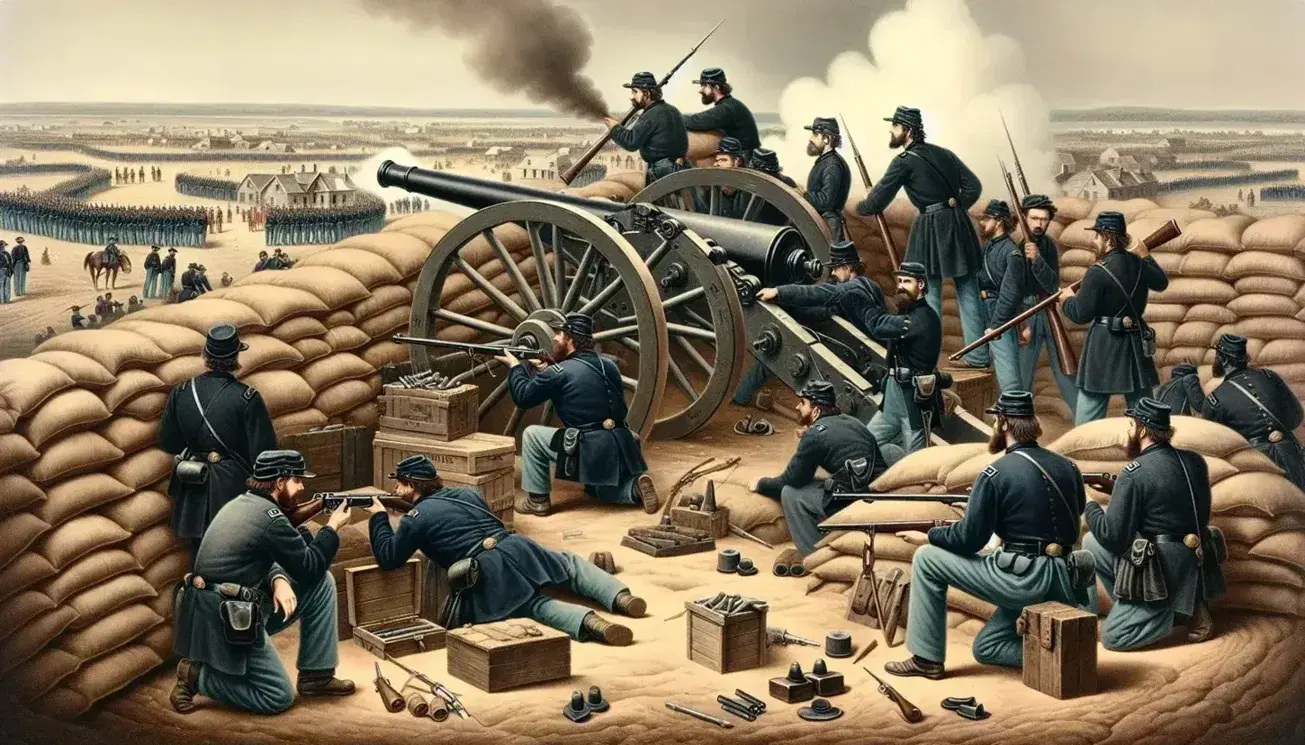 Union soldiers man a cannon and rifles behind sandbags during the Siege of Vicksburg, with smoke rising over the damaged cityscape.