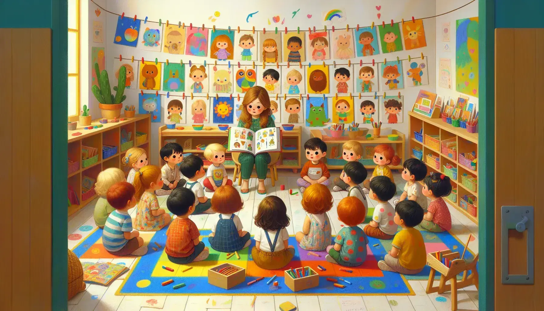 Bambini in ascolto attento di una maestra che mostra un libro illustrato in una classe colorata con disegni appesi e giochi educativi.