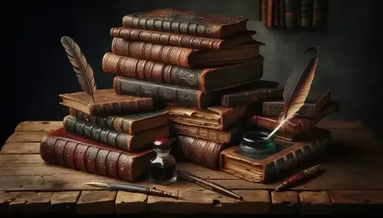 Stack of antique leather-bound books on dark wooden table with quill pen and inkwell beside, blurred bookcase background.