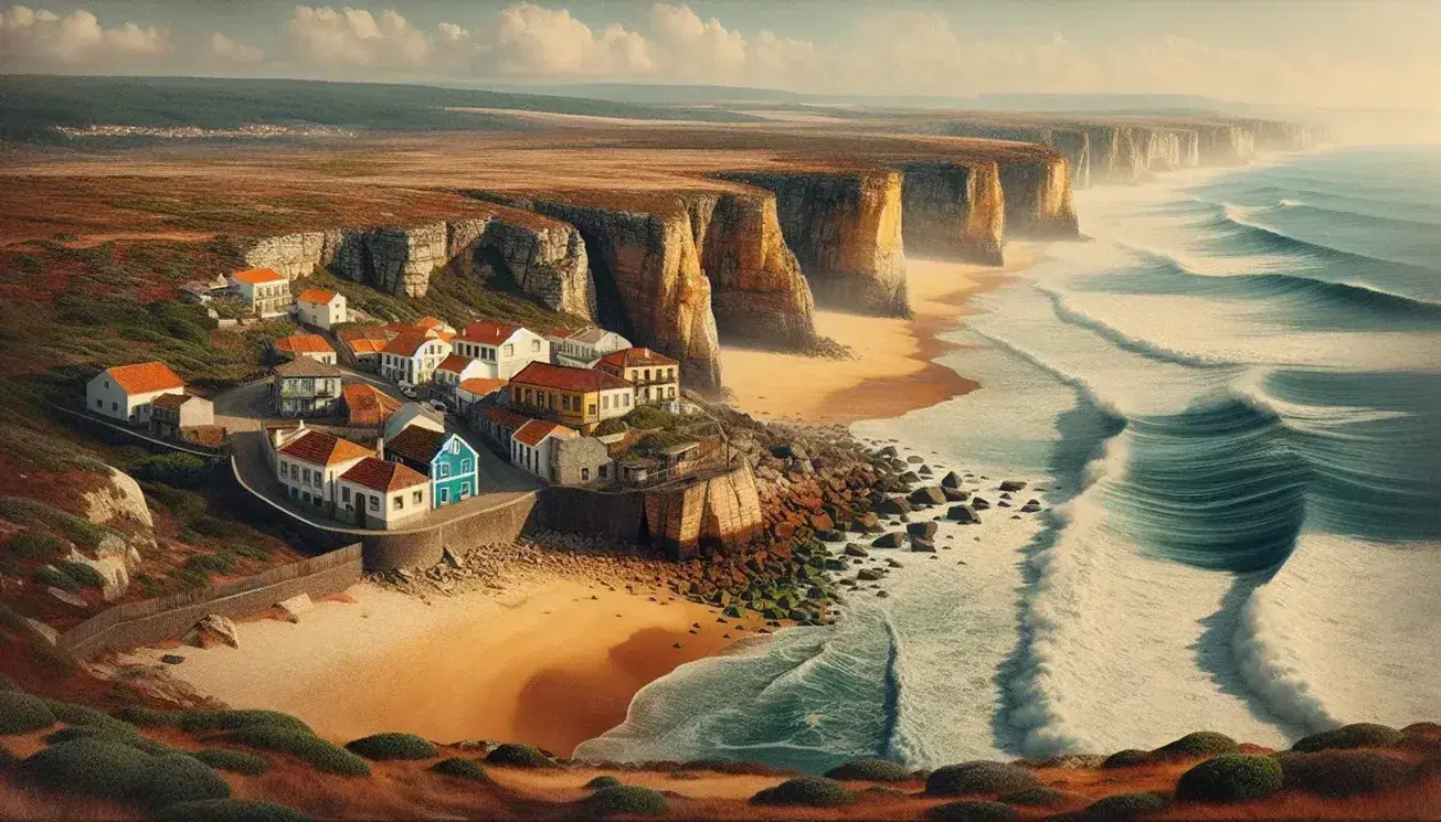 Costa rocciosa portoghese con scogliere, mare blu e spiaggia sabbiosa, case tradizionali colorate e barche da pesca ancorate.