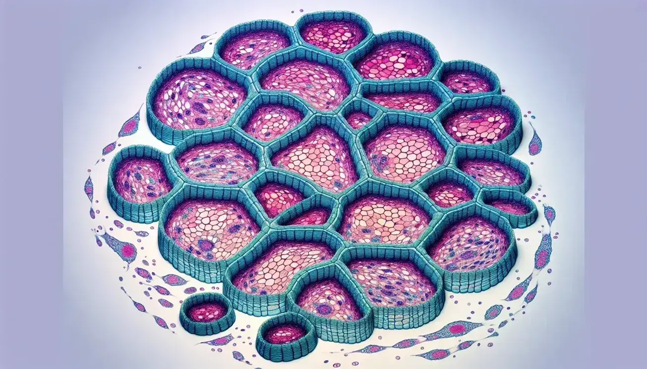 Microfotografia colorata di tessuto epiteliale con giunzioni cellulari evidenziate, nuclei visibili in tonalità scure, senza testo o simboli.