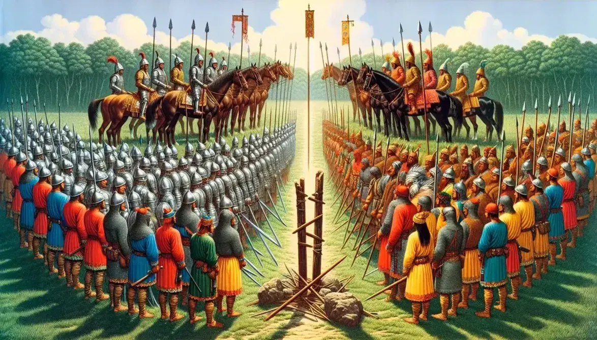 Encuentro de dos grupos de personas en un paisaje natural, unos con armaduras y montados en caballos y otros con ropajes coloridos y armas primitivas, separados por un estandarte sin símbolos.