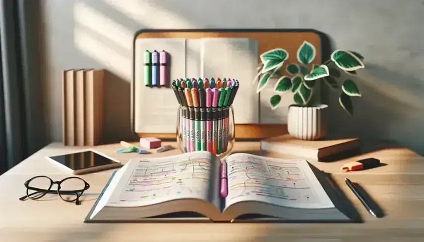 Study desk with open textbook, colorful highlighters in a glass, potted plant, digital tablet, and eyeglasses on a wooden surface in a softly lit room.