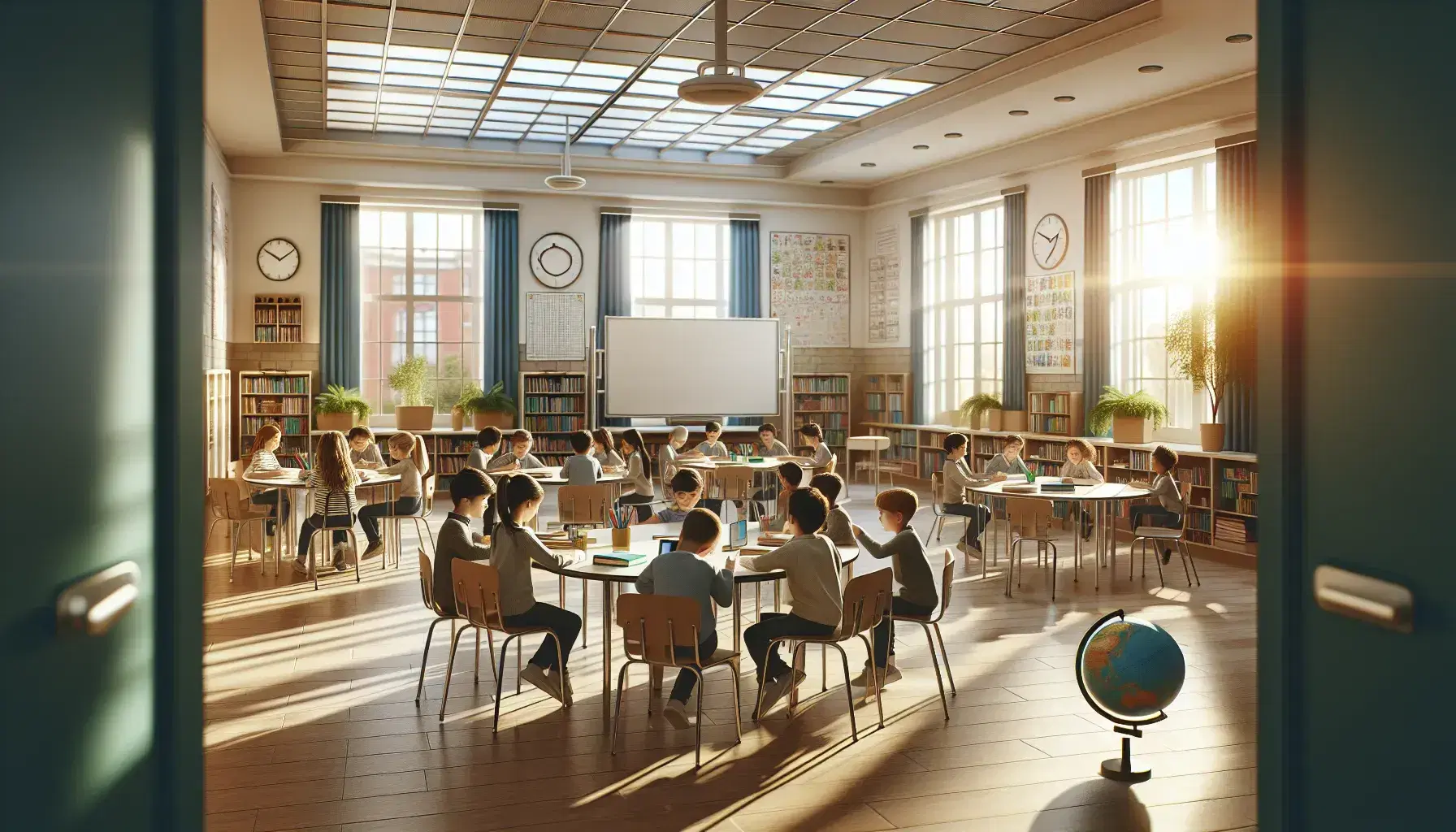 Aula escolar luminosa con mesas redondas donde niños de diversas edades colaboran, pizarra blanca al frente, planta verde y estantería con libros al fondo.