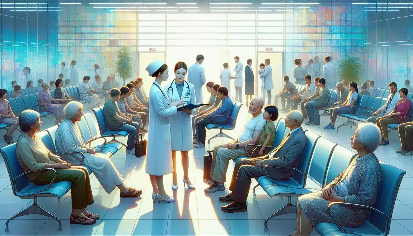 Grupo diverso de personas en sala de espera iluminada con profesional de la salud hablando con anciano asiático.