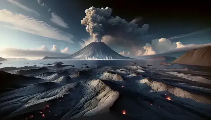 Paisaje volcánico primitivo con lava solidificada y cono volcánico humeante al atardecer, junto a un océano con fumarolas.