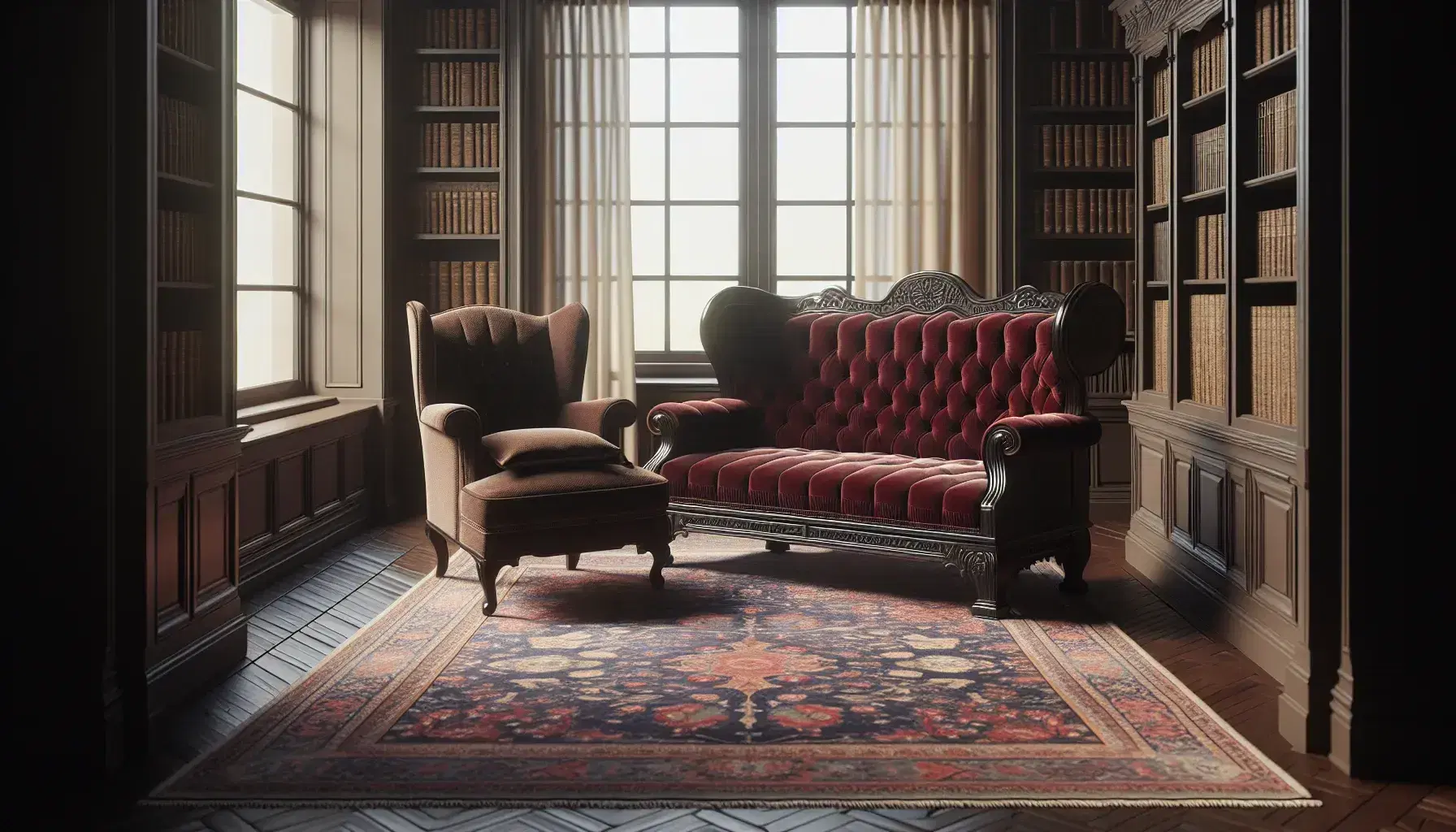 Sofá de terapia estilo victoriano en terciopelo rojo oscuro con patas de madera tallada y silla clásica a juego, en una habitación iluminada con suelo de madera y alfombra persa.