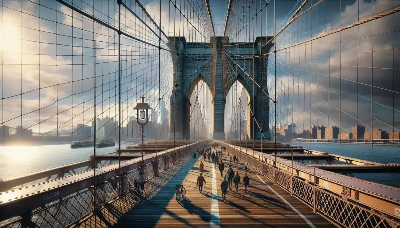 Brooklyn Bridge on a clear day with steel cables, Gothic arches, and pedestrians on the walkway above the shimmering East River.
