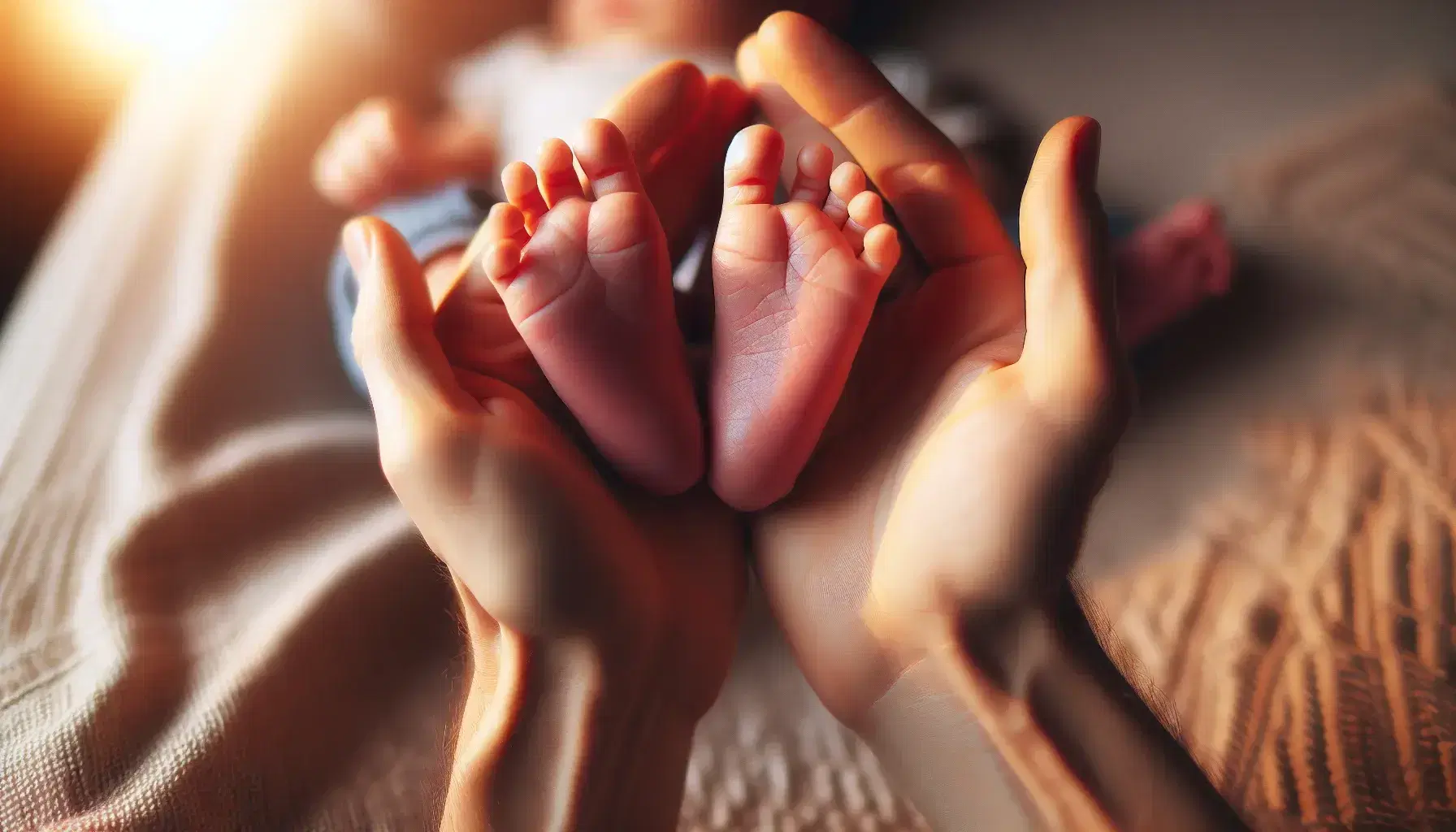 Manos adultas sosteniendo delicadamente los pies pequeños y rosados de un recién nacido, con un fondo suave y cálido que resalta la ternura de la escena.