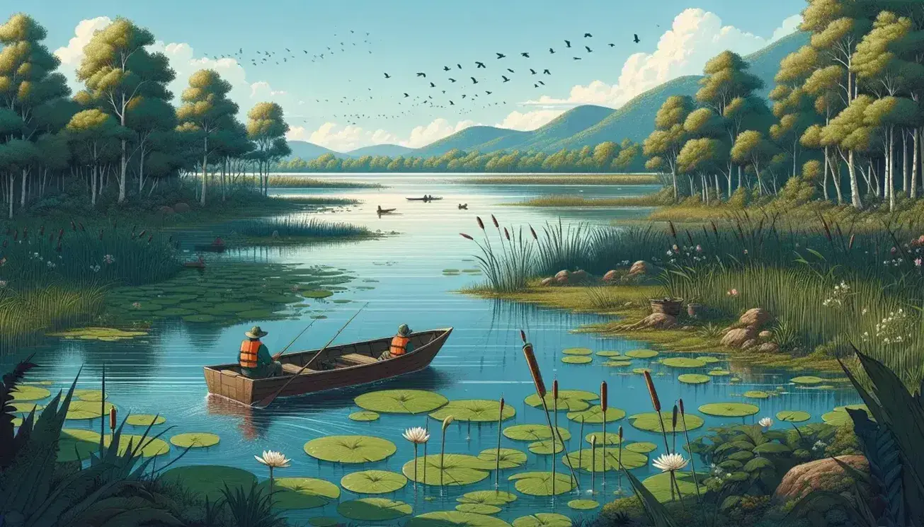 Lago sereno circondato da vegetazione con barca a remi e pescatori, riflessi del cielo azzurro e montagne in lontananza.