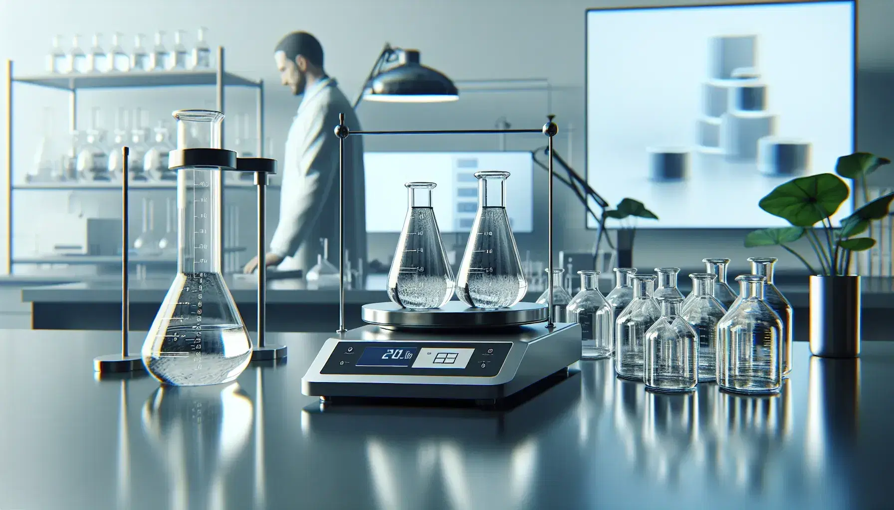Laboratory scene with beakers of clear liquid on a table, a digital scale, and a scientist at a computer, with a potted plant in the background.
