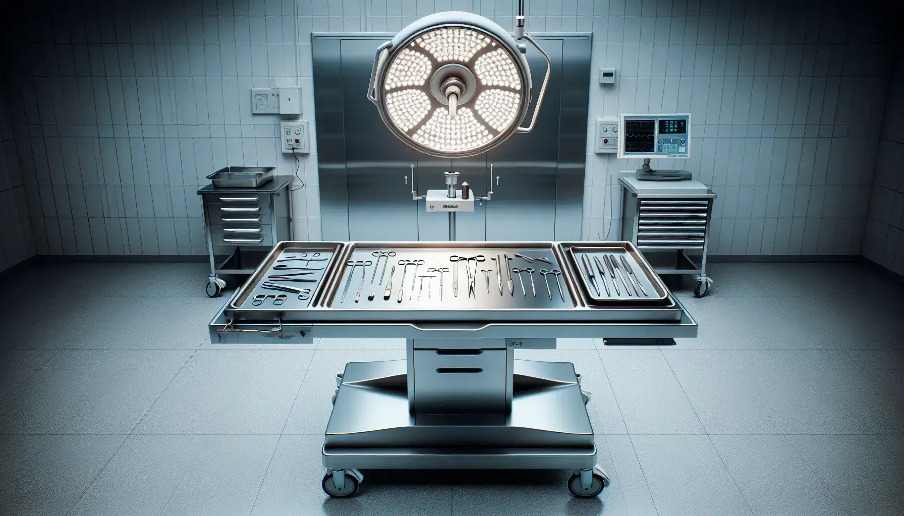Modern autopsy room with stainless steel table, surgical instruments arranged on trays, digital scales turned off and refrigerator for body preservation.