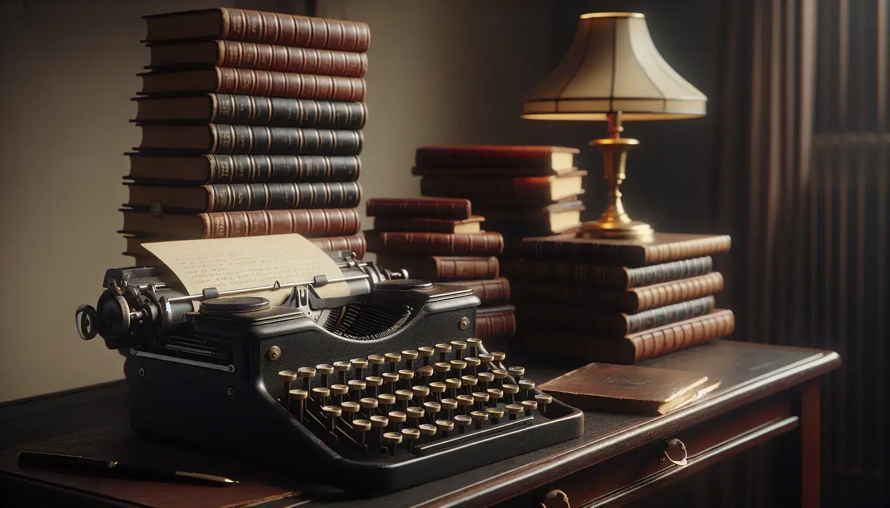 Macchina da scrivere vintage su tavolo in legno scuro con libri rilegati in pelle sfocati sullo sfondo e lampada in ottone accesa.