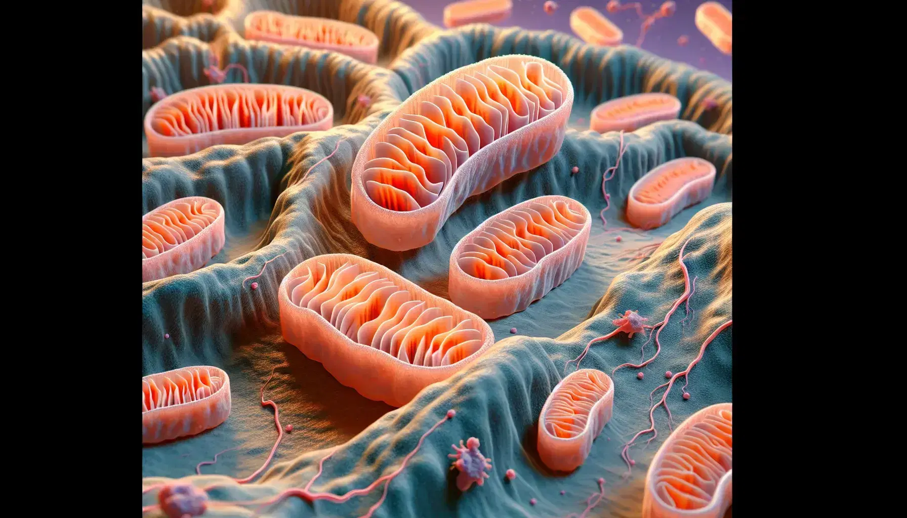 Mitochondri con membrane e creste interne in ambiente cellulare, colori rosa e arancioni su sfondo blu cytoplasmatico.