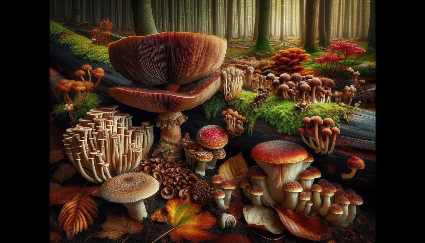 Diverse forest fungi including a prominent brown-capped mushroom with white gills, vibrant red spotted mushrooms among green moss, and shelf fungi on a decomposed log.