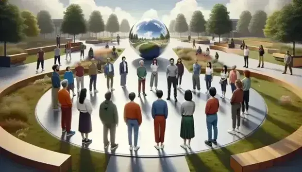 Grupo diverso de personas atentas a un orador en un parque con bancos y esfera metálica reflectante en primer plano.