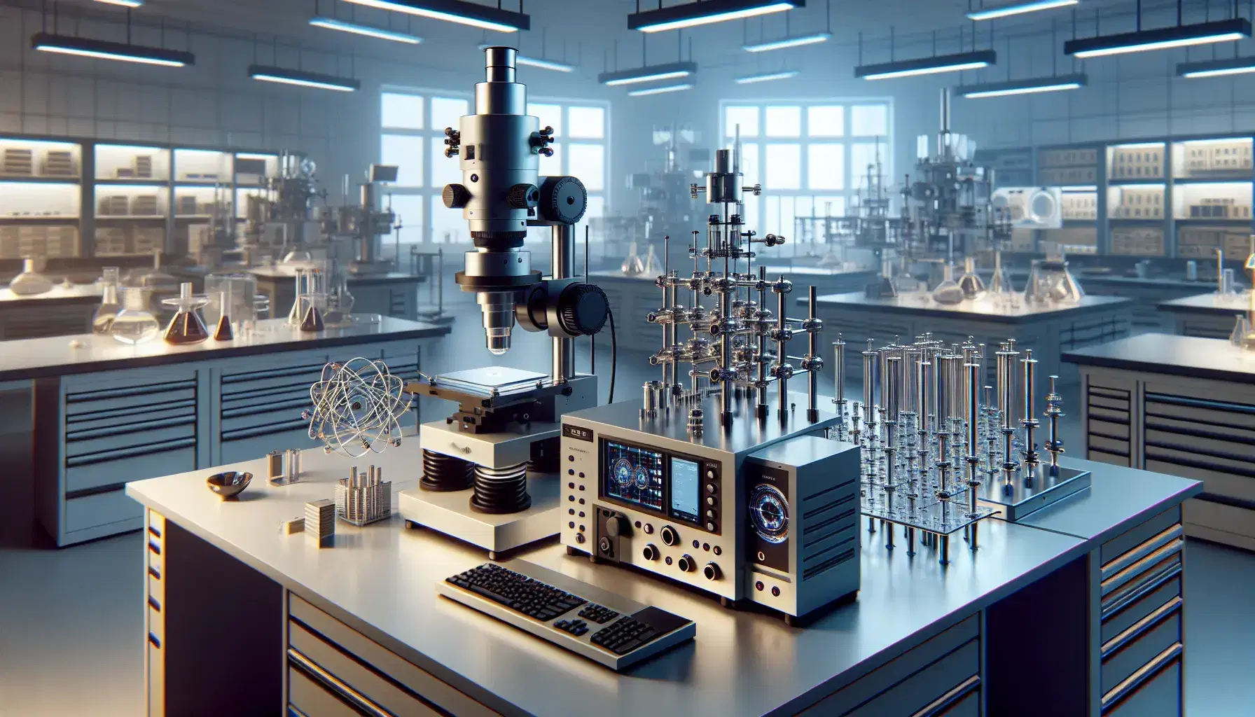 Laboratorio de física moderno con microscopio electrónico de barrido, espectrómetro de masas, lentes ópticas y prismas sobre mesa de trabajo iluminada.