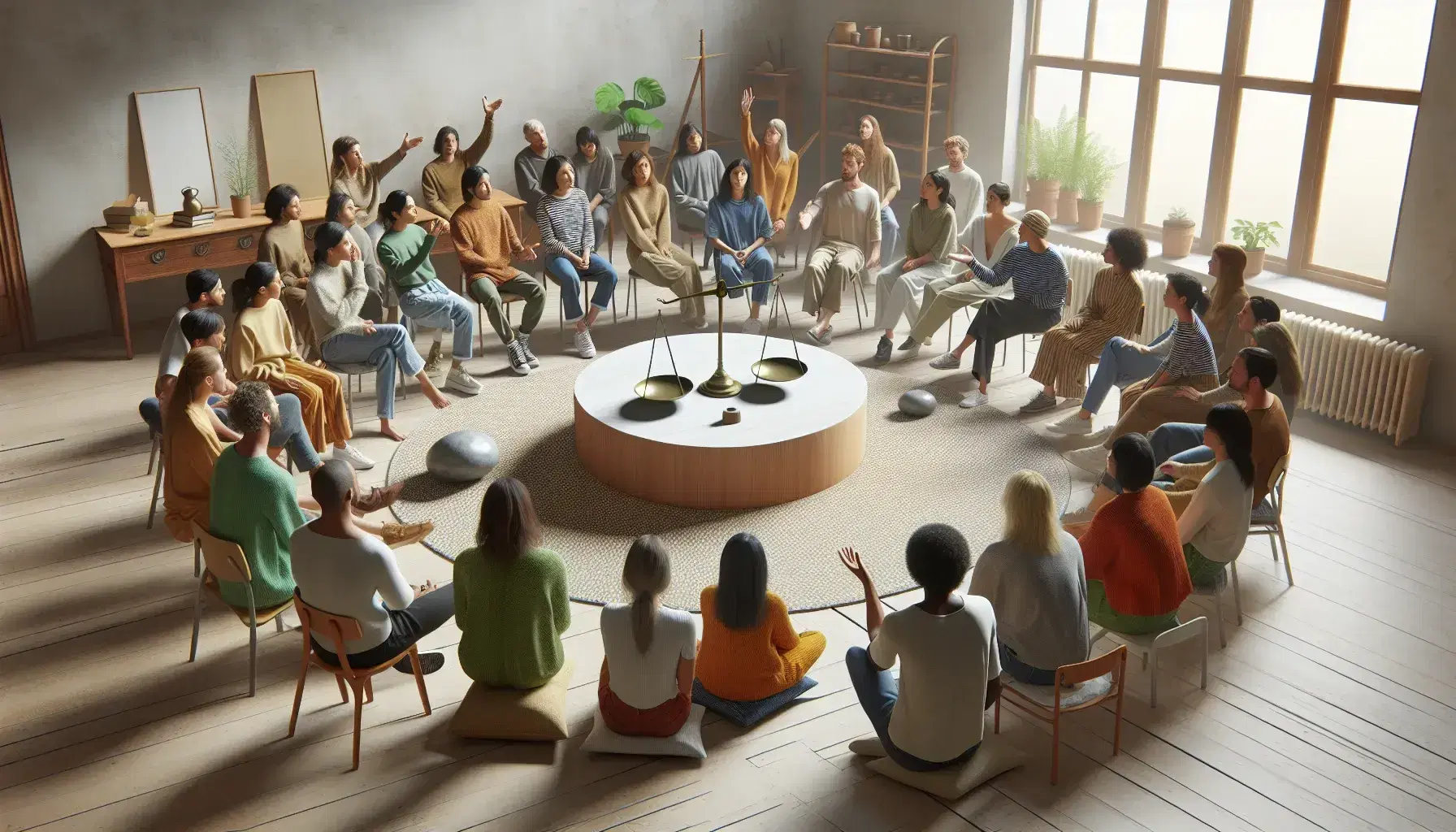 Grupo diverso de personas en reunión participativa sentadas en círculo alrededor de una mesa con una balanza, planta y piedra, en un espacio iluminado naturalmente.