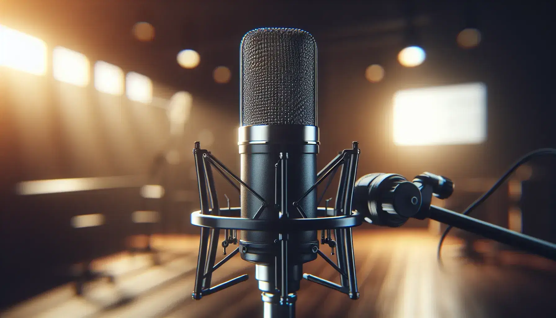 Microfono da studio nero con griglia metallica argento su supporto regolabile, sfondo sfocato con tonalità calde.