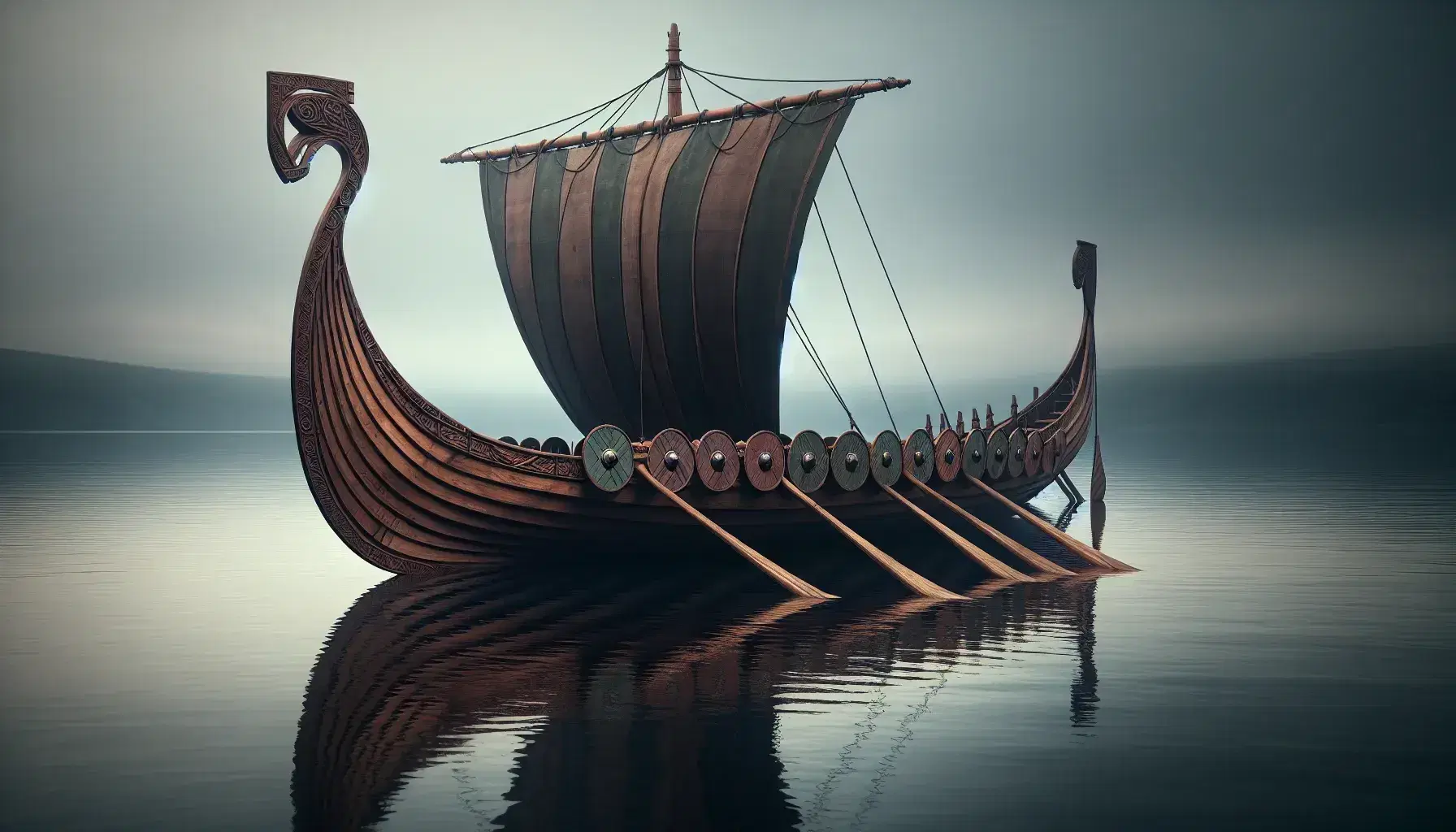 Viking longship on calm water with reflective surface, featuring carved dragon heads, hanging shields, and a furled striped sail, surrounded by a group in period attire.