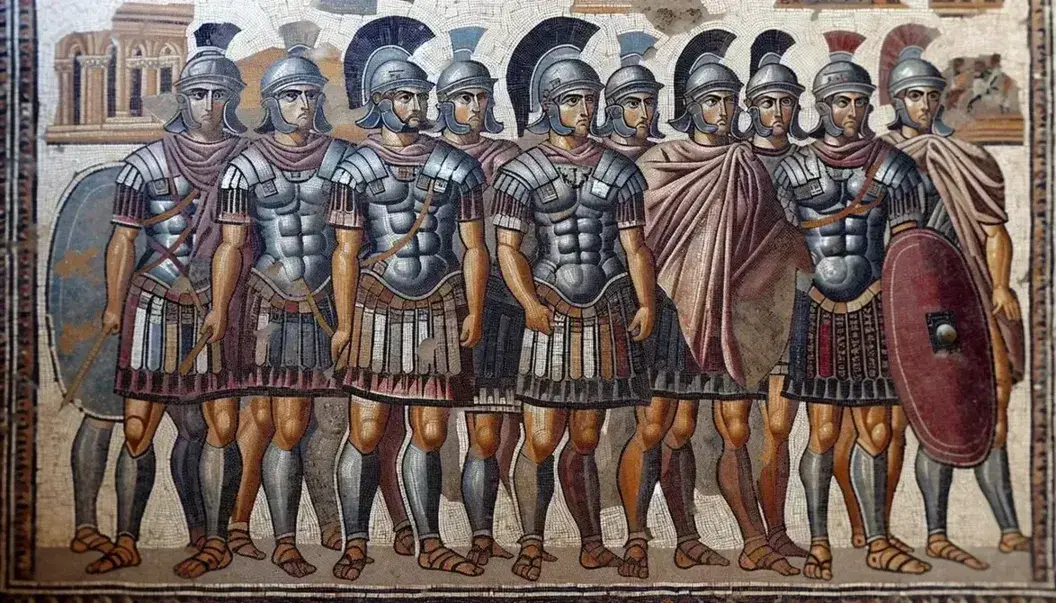 Mosaico antico raffigurante soldati romani in armatura con elmi crestati, scudi decorati e mantelli, su sfondo di strutture urbane.
