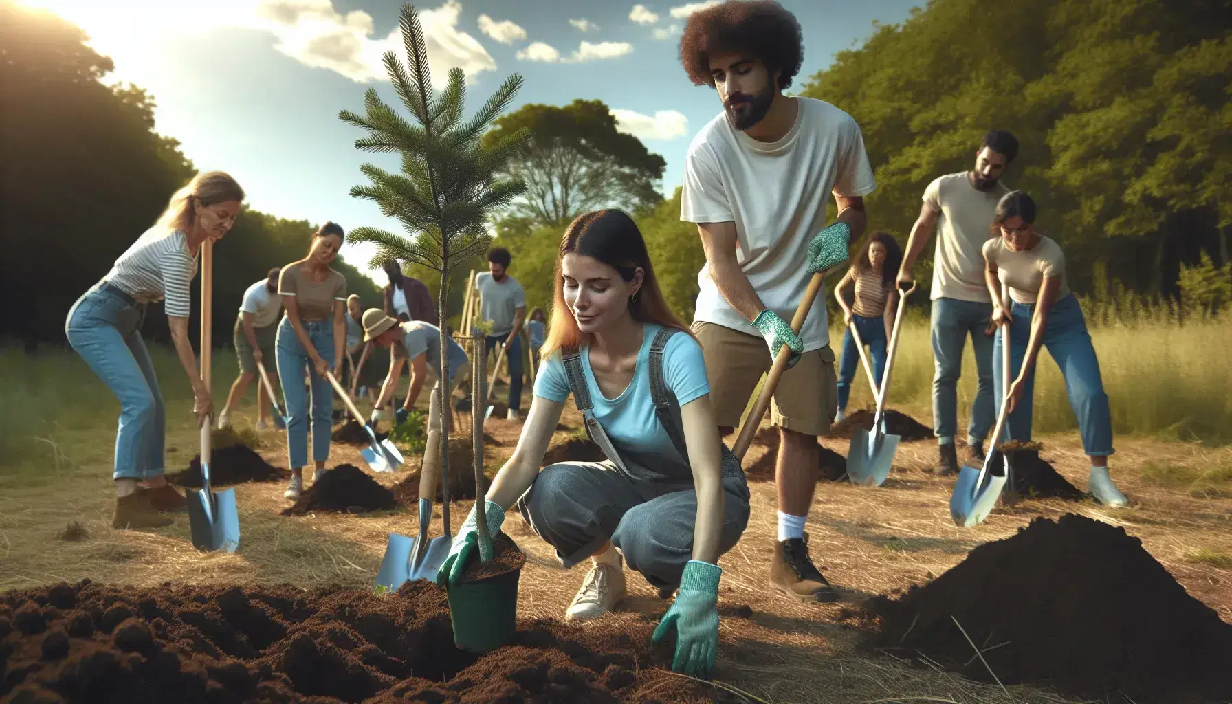 Diverse group engaged in tree planting, with a woman securing soil around a sapling and a man holding another, in a sunny field bordered by trees.