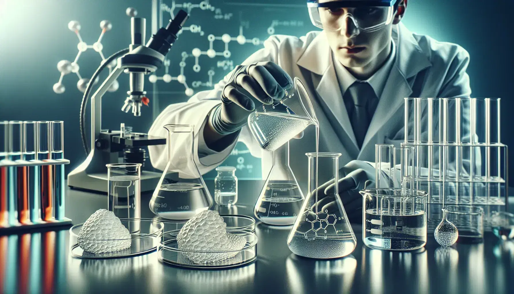 Scientist in lab coat pours viscous liquid into a Petri dish in laboratory with test tubes and bottles, emphasis on polymer synthesis.