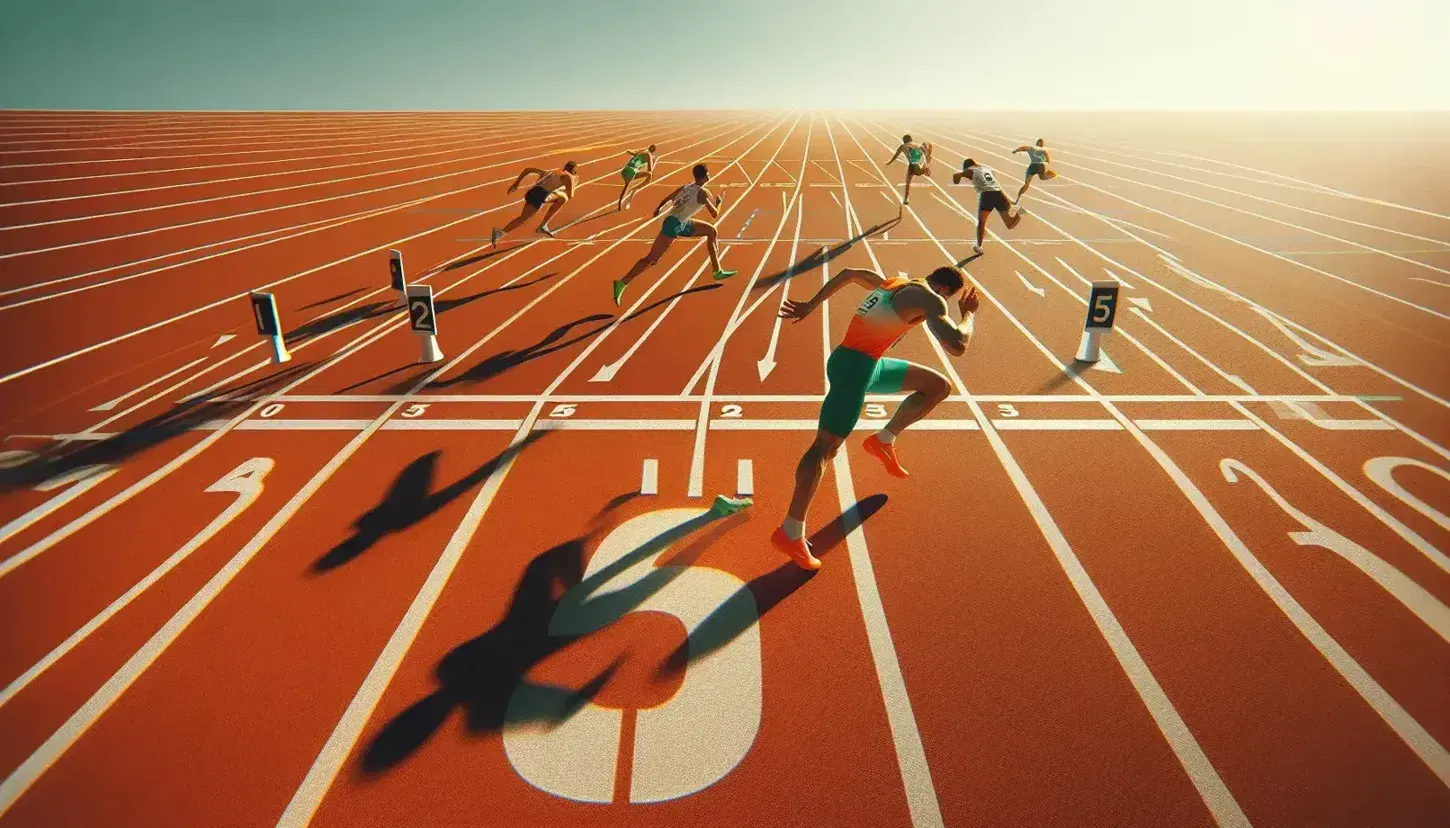 Atleta en plena carrera sobre pista de atletismo rojiza con marcas blancas, destacando por su vestimenta colorida en un día soleado y cielo despejado.
