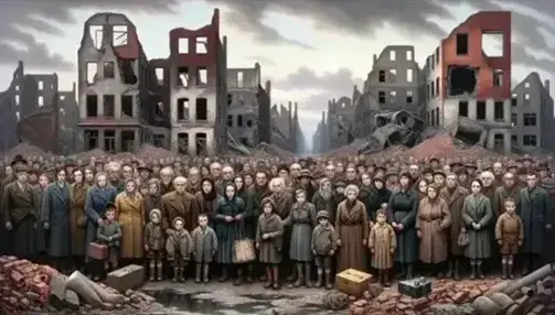 Jewish survivors in ragged clothes in the ruins of a war-torn European city, with cloudy skies reflecting the post-war climate.