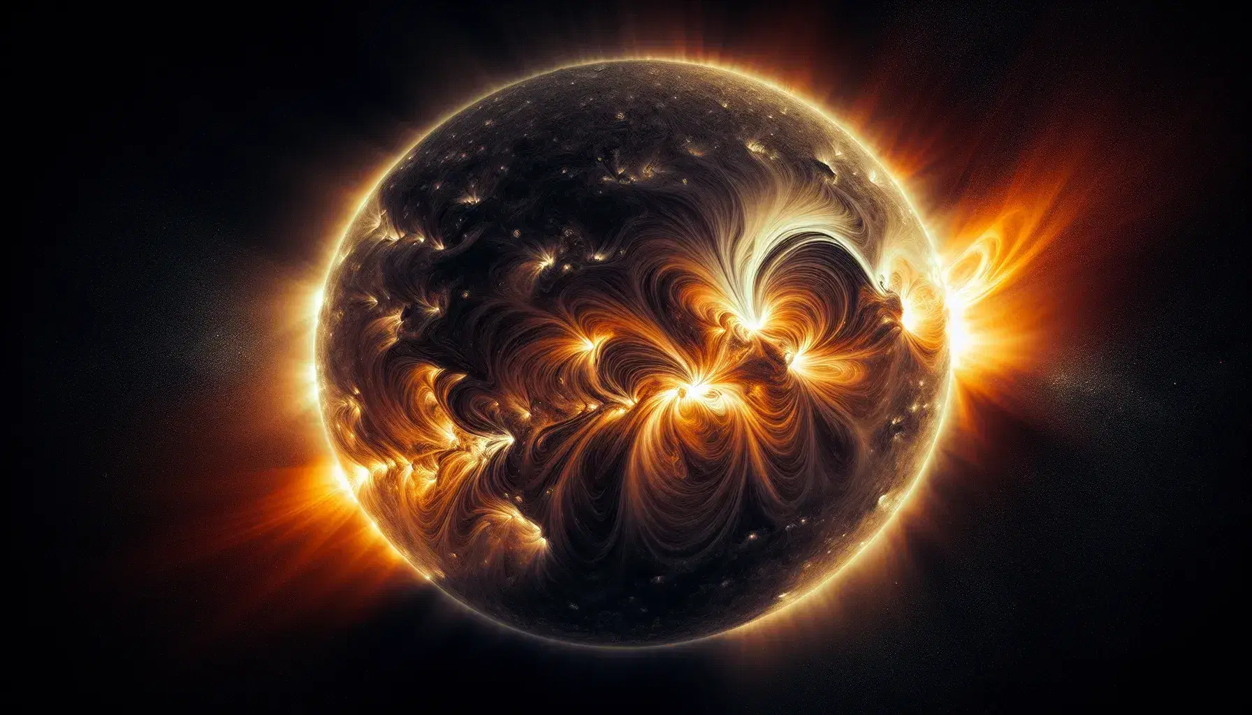 Explosion of a solar flare on the surface of the sun, with a brightly colored luminous arc on a black space background.