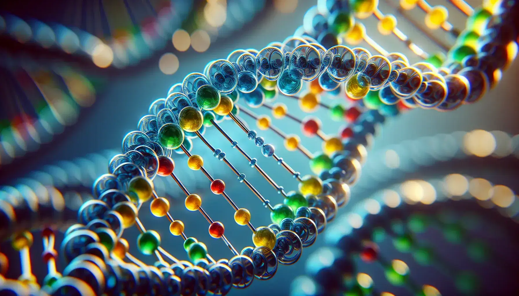 Close-up view of a colorful DNA double helix model with paired nucleotide bases and spiraling sugar-phosphate backbones.