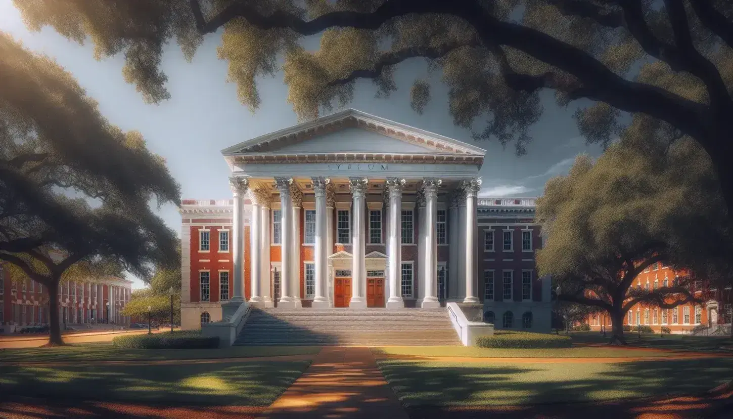 Historic University of Mississippi Lyceum building with white columns, red brick facade and blue sky, surrounded by trees and green lawn.